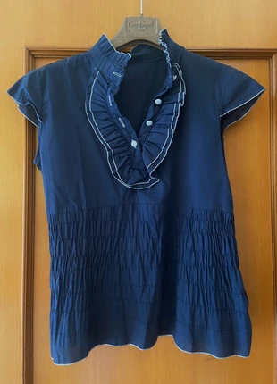 Camicia blu a maniche corte elasticizzata con dettagli taglia M, staat: Heel goed, maat: M / 38 / 10, € 3,00, € 3,85 inclusief Kopersbescherming