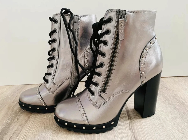 New ALDO Silver Metallic Lace Up Military Leather Ankle Boots UK 6 39 Isidro -