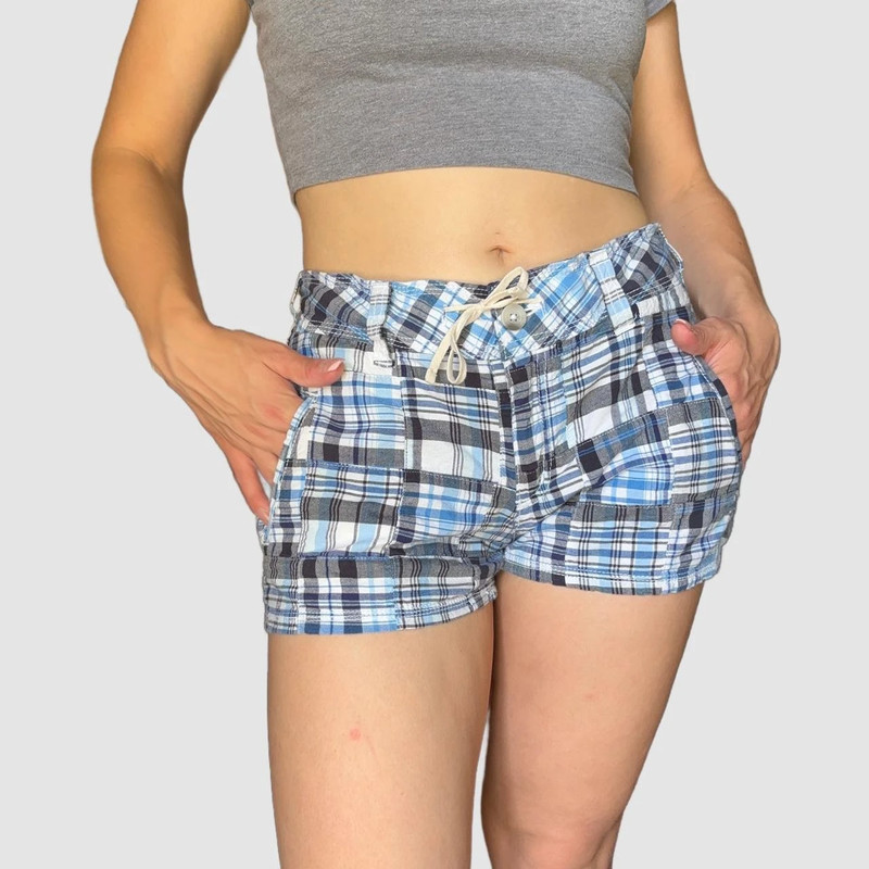 blue & white plaid preppy summer mini shorts 2