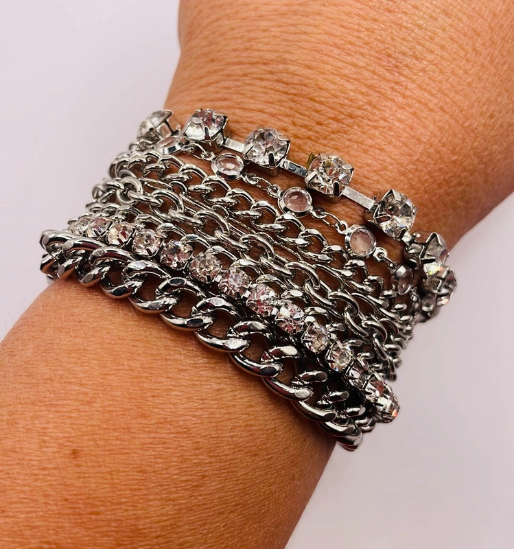 Chico’s Silver Tone Chain Rhinestone Large Cuff Bangle Statement Bracelet 1