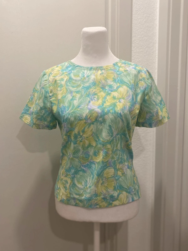 VTG 80s Light Green & Blue Watercolor Floral Patterned Blouse Top - M 5