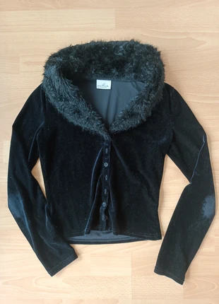 Cardigan court velours noir à col fourrure, marca: Vintage, estado: Bom, tamanho: XS / 34 / 6, €15.00, €16.45 inclui Proteção do Comprador