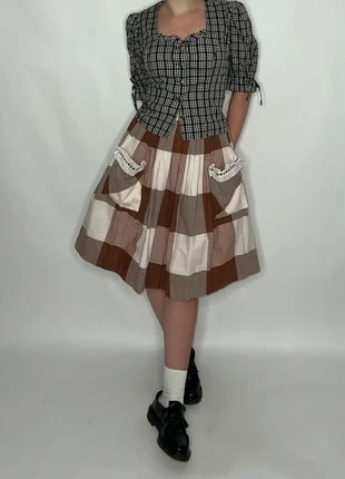 1960s / 1970s checked Brown Cream cottage core country western bohemian coquette retro a-line skirt, merk: Vintage, staat: Heel goed, maat: XXS / 32 / 4, € 17,50, € 19,08 inclusief Kopersbescherming Pro
