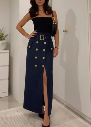 Jupe longue marine fendue à boutons dorés et ceinture à boucle chic. taille M, brand: Vintage Chic, condition: Very good, size: M / 38 / 10, €46.90, €49.95 includes Buyer Protection