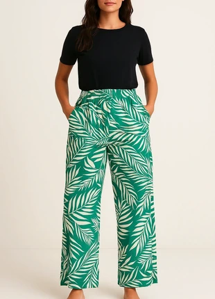 Joli Pantalon GEMO – Taille 52 – vert et beige – Motifs floraux –, marca: Gémo, estado: Novo com etiquetas, tamanho: 6XL / 52 / 24, €10.00, €11.20 inclui Proteção do Comprador