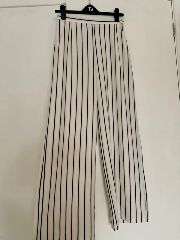 White & Black Striped Wide Leg Trousers - Size S