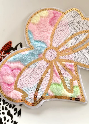Grand écusson à coudre Coeur pastel avec noeud à sequins pour customisation textile, état: Très bon état, 5,00 €, 5,95 € Protection acheteurs (Pro) incluse