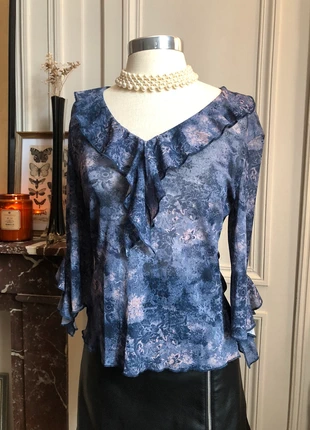 Top vintage manches mi longues vintage Y2K bleu à volants whimsical t. S / M, brand: Vintage Dressing, condition: Very good, size: M / 38 / 10, €12.50, €13.83 includes Buyer Protection