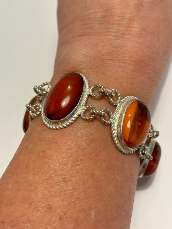 Silver Amber Cabochons Bracelet 7-3/4” 3