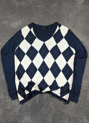 Pull femme Tommy Hilfiger taille L – motif argyle bleu marine et écru – col V, marque: Tommy Hilfiger, état: Très bon état, taille: L / 40 / 12, 24,00 €, 25,90 € Protection acheteurs incluse