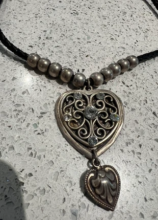 Bibi Bijoux 25cm dirty silver & leather necklace with large Victorian heart pendant, brand: Bibi Bijoux, condition: New without tags, £4.00, £4.90 includes Buyer Protection