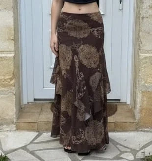 Jupe longue marron style bohème avec volants asymétriques et motifs vintage, taille S, marque: Lunéa Studio, état: Très bon état, taille: S / 36 / 8, 45,90 €, 48,90 € Protection acheteurs incluse