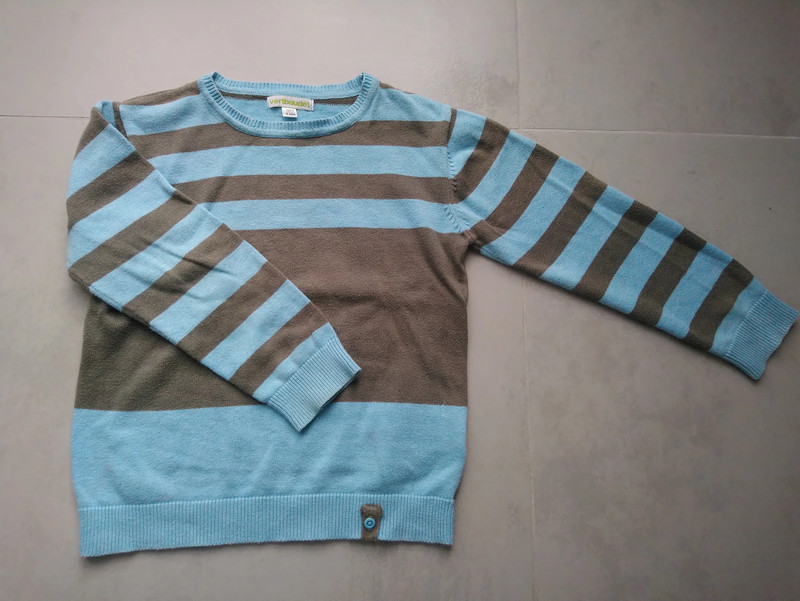 Pull à rayures bleu turquoise et taupe 5 ans 