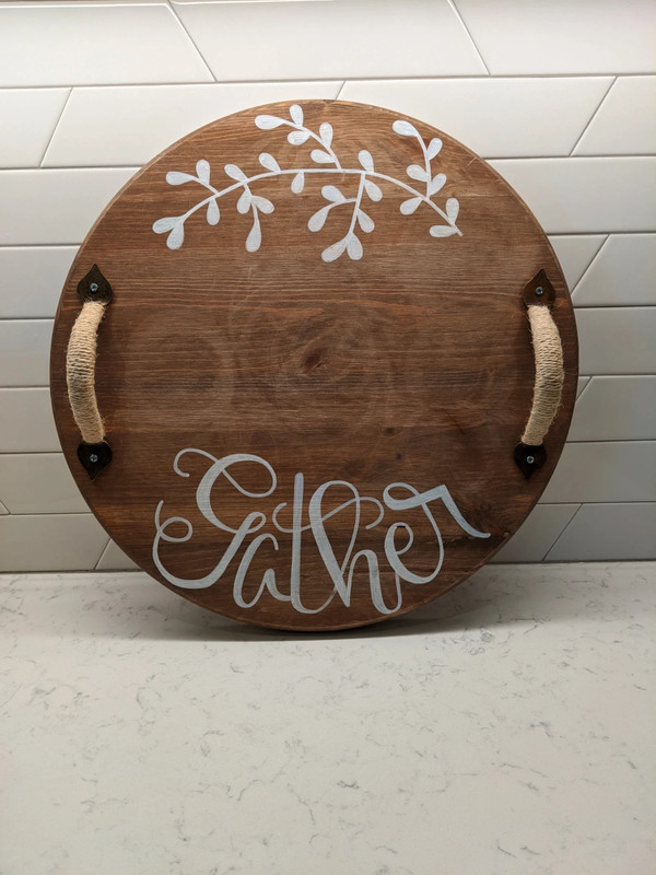 Wooden round serving tray with white writing - 15" 1