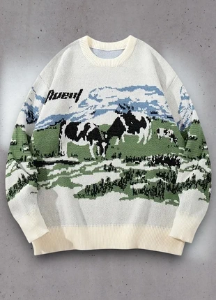 Pull d'hiver Y2K Style Old School - Taille L - Motif Vaches - Blanc Vert - Coupe lose #4, condition: Very good, size: L, €39.80, €42.49 includes Buyer Protection