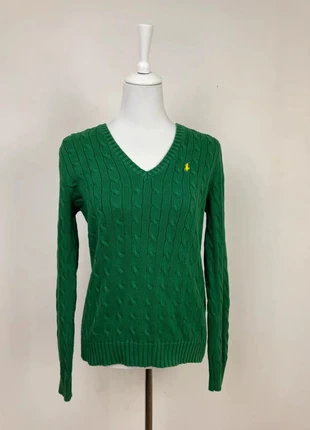 Pull sweat col V torsadé Ralph Lauren Vert logo jaune brodé, merk: Ralph Lauren, staat: Heel goed, maat: L / 40 / 12, € 44,99, € 47,94 inclusief Kopersbescherming
