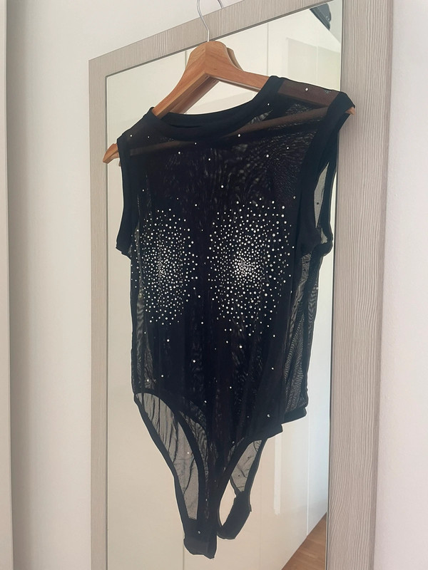 Bodysuit in tulle nero mesh ricamato con cristalli Swarovski  2