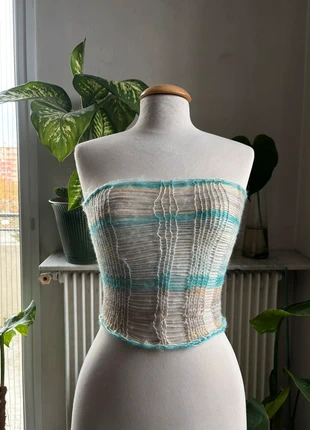 Top bustier ajouré beige & turquoise – style artisanal / Y2K, marque: friperie, état: Neuf sans étiquette, taille: S / 36 / 8, 10,00 €, 11,20 € Protection acheteurs incluse
