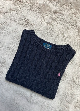 Pull torsadé Ralph Lauren bleu marine logo brodé rose en très bon état, brand: Ralph Lauren, condizioni: Ottime, taglia: L, €50.00, €53.20 include la Protezione acquisti