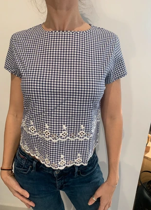 Haut à petit carreaux et dentelle vintage top tendance, marca: Vintage, estado: Muy bueno, tamaño: XS / 34 / 6, 8,00 €, 9,10 € Protección al comprador incluida