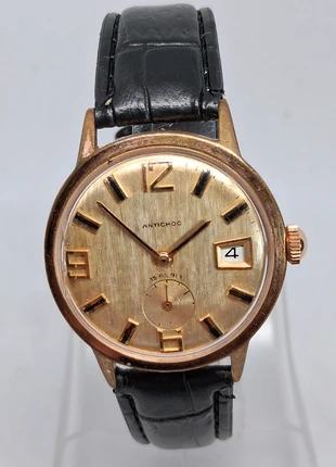 Montre vintage antichoc mécanique dorée bracelet cuir, merk: Vintage, staat: Heel goed, maat: 30–38 mm, € 30,00, € 32,20 inclusief Kopersbescherming Pro