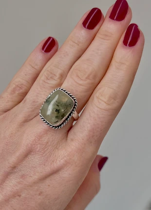 Square-Shaped Natural Prehnite Ring, Silver Plated, Adjustable, brand: Crystal, condition: Very good, size: Adjustable, £16.00, £17.50 includes Buyer Protection