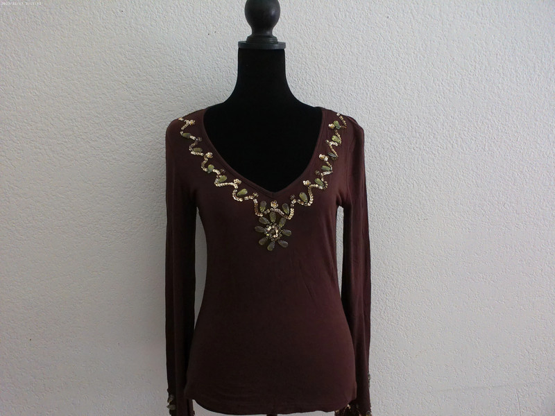 Brown V-neck Long Sleeve Blouse, with green rhinestone, 1