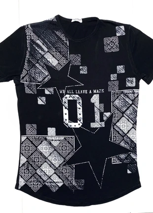 T-shirt nera moda uomo 100% cotone con stampa bianca fantasia patchwork - Fashion homme hombre, marque: stampo italiano, état: Neuf sans étiquette, taille: XL, 2,00 €, 2,80 € Protection acheteurs incluse