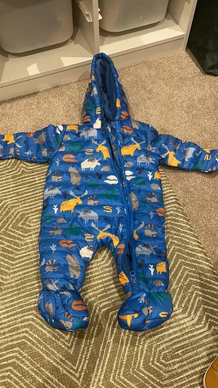 Blue animal print pram snow suit Tu sainsburys brand new never worn 0 3months