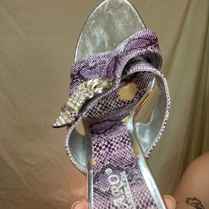 Y2K Purple Snakeskin Mules with Gem Buckle Detail 4