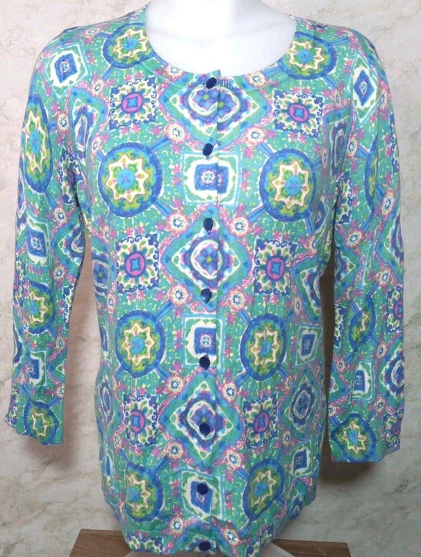 Talbots Women Teal Geometric Pattern Knit 3/4 Sleeve Cardigan Size Medium 1