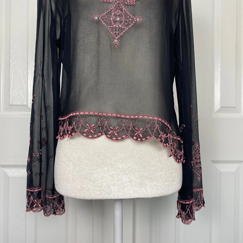 Black pink beaded embroidered silk Whimsygoth fairy top 2