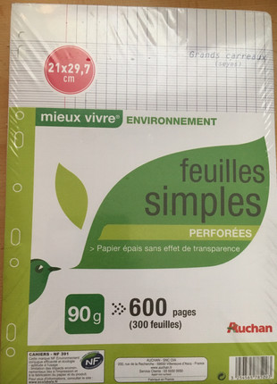 AUCHAN Lot de 200 feuilles simples 24x32cm grands carreaux Seyes