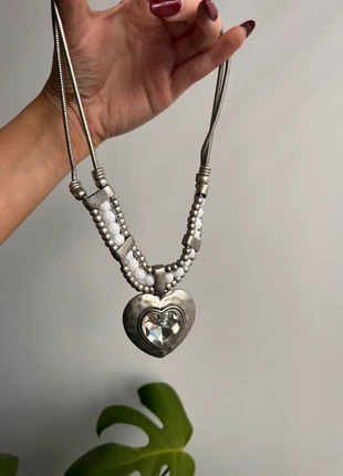 Silver chunky love heart necklace accessories y2k large diamonte gem, brand: Vintage, condition: Very good, £5.00, £5.95 includes Buyer Protection