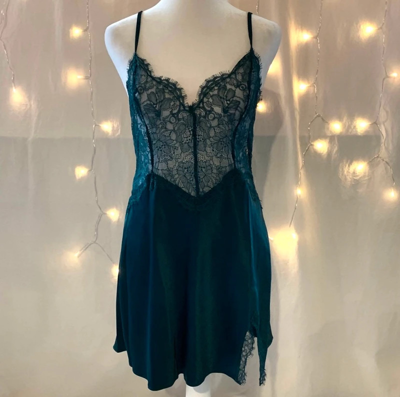 Victoria's Secret Sexy Lace Dark Green Satin Slip Dress 1