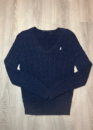 Pull Ralph Lauren torsadé bleu marine logo blanc col V taille M femme, brand: Ralph Lauren, condizioni: Ottime, taglia: M / IT 42 / EU 38, €50.00, €53.20 include la Protezione acquisti