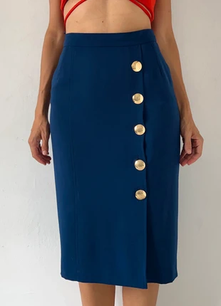 Vintage 90s gold buttons navy blue retro high waisted midi skirt, marca: Vintage Dressing, estado: Bom, tamanho: M / 38 / 10, €35.00, €37.45 inclui Proteção do Comprador