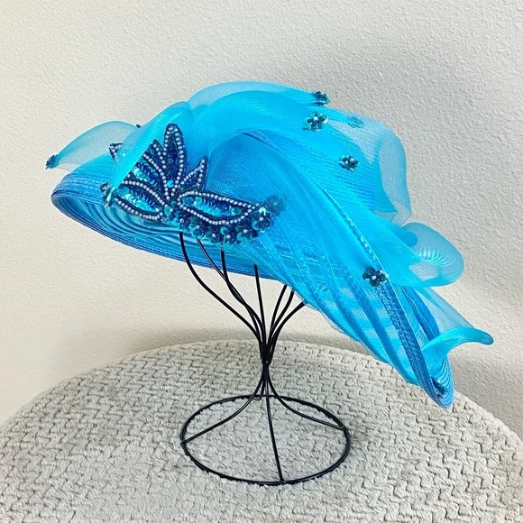 Essence Hat | Vintage Aqua Wide Brim Fascinator Hat OS 4