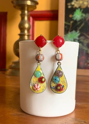 Boucles d’oreille Sable en cuivre émaillé, perle krobo, et pierre fine, brand: diotime, condition: Very good, €60.00, €63.70 includes Buyer Protection