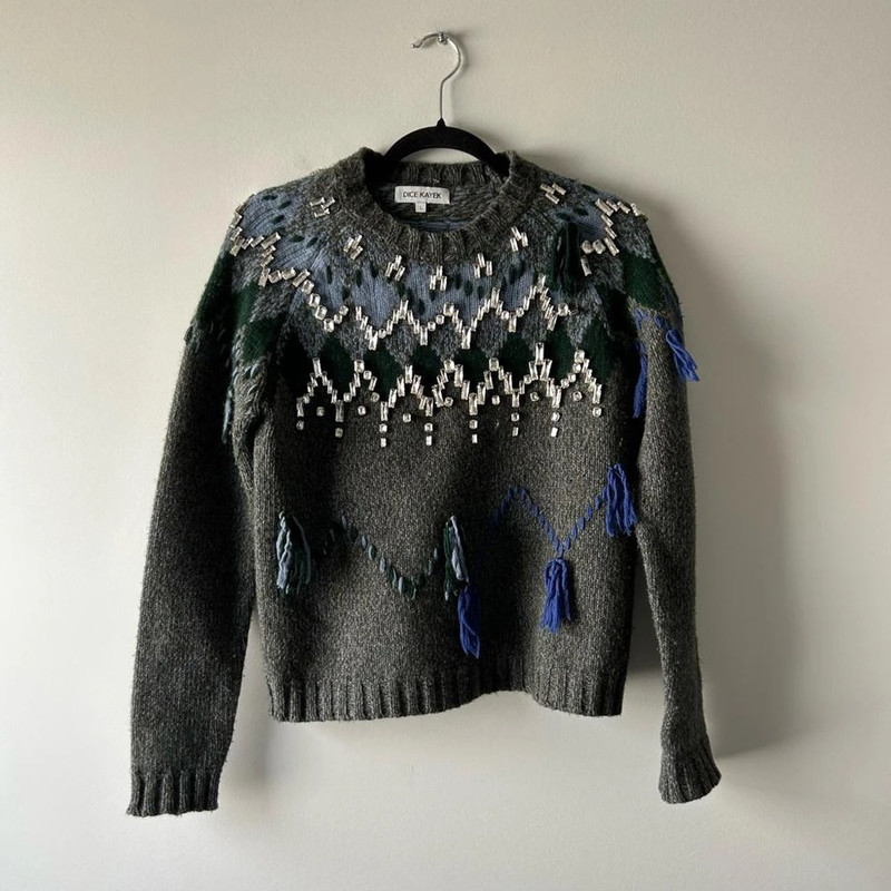 Dice Kayek Jeweled And Fringe Grey Wool Sweater (As Is) 1