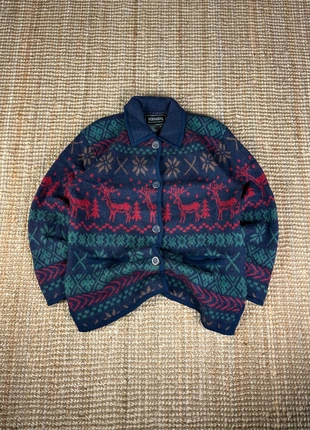 Cardigan Bleu, Rouge Motifs Hivernal 100% Laine, Funky Knitwear Oversize Vintage 80s Taille M, brand: Vintage Dressing, condizioni: Ottime, taglia: M, €25.00, €26.95 include la Protezione acquisti Pro
