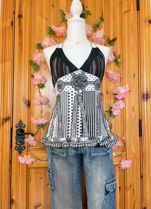 Patchwork Halter Top | Striped & Polka Dot | Ruffle Hem | 50% Cotton | 245., brand: y2k, condition: Very good, size: XL / 42 / 14, €19.00, €20.65 includes Buyer Protection