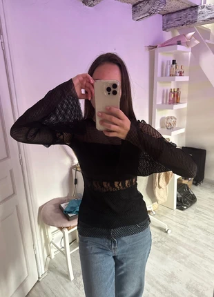 Haut noir en résille & dentelle – Transparent, marque: River Island, état: Très bon état, taille: S / 36 / 8, 3,00 €, 3,85 € Protection acheteurs incluse