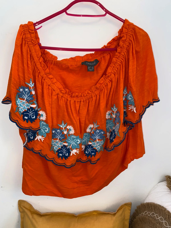 Primark orange Embroidered crop cold shoulder top size 16