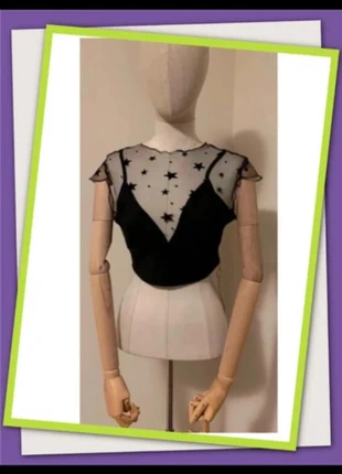 Shein top crop nero con stelle trasparente elasticizzato, marque: Shein, état: Neuf avec étiquette, taille: S / 36 / 8, 6,90 €, 7,95 € Protection acheteurs incluse