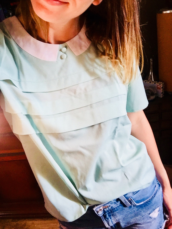 Top blouse manches courtes bleu turquoise pastel de la marque Suncoo - taille s/m - très bon état  2