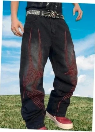 🖤🔥 Jean wide leg noir avec surpiqûres rouges – style Y2K / goth streetwear 🔥🖤, marke: y2k, zustand: Sehr gut, größe: L, 45,99 €, 48,99 € inklusive Vinted-Käuferschutz