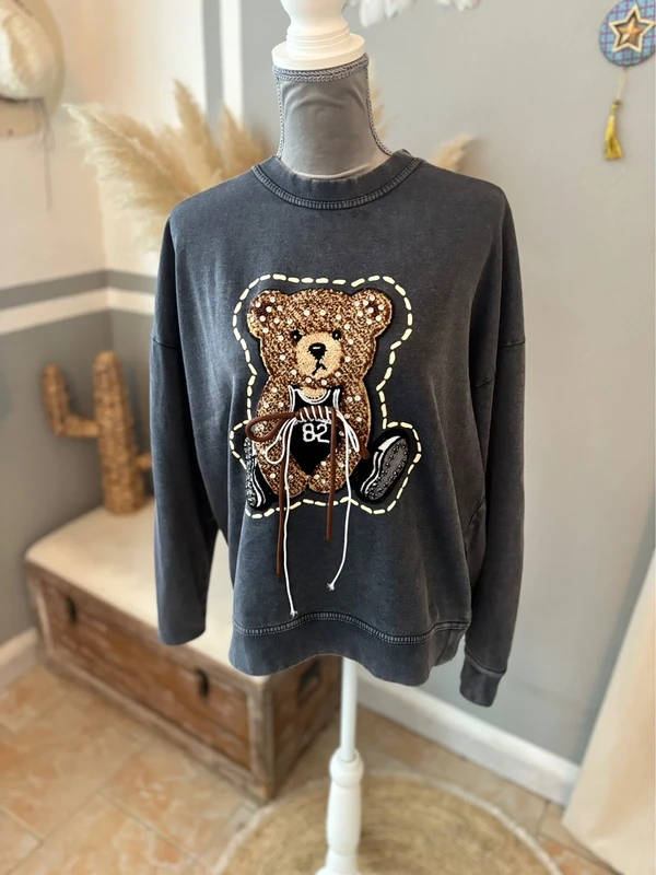Sweat gris foncé noir ourson et strass Taille unique
