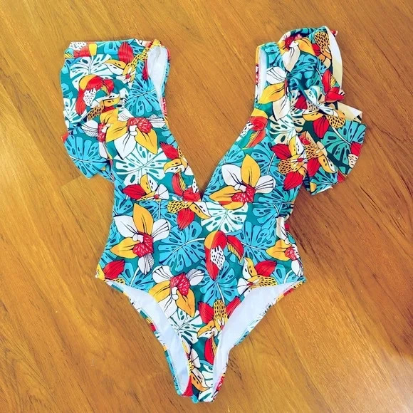 Tropical Print Ruffle Sleeve Plunging Swimsuit 1