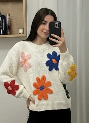 Pull en maille blanc fleuri 3D - Style Y2K / Cottagecore, merk: Tendance, staat: Heel goed, maat: M / 38 / 10, € 38,74, € 41,38 inclusief Kopersbescherming Pro